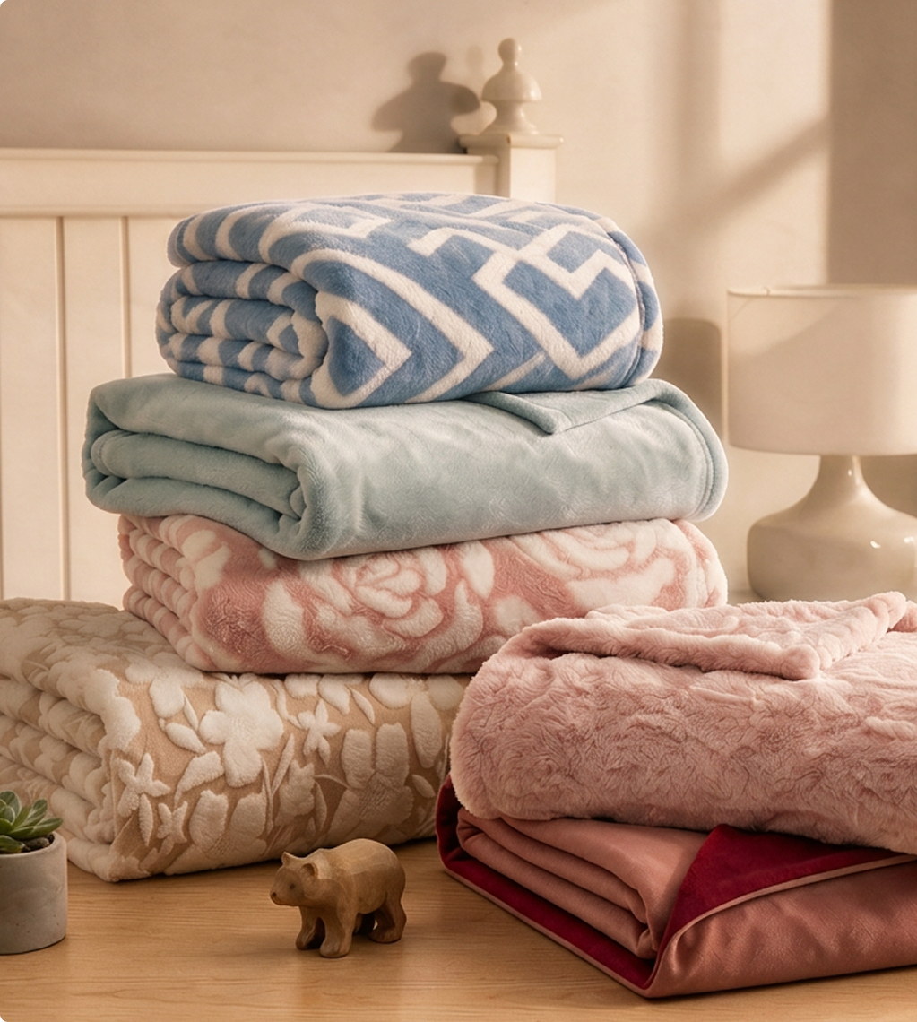 A selection of premium blankets in different textures and patterns
